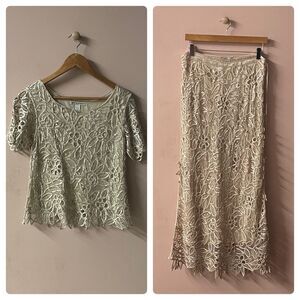 Vintage Silken Poetry Beige Silk Hand Crocheted Beaded Top & Skirt Set Sz M EUC